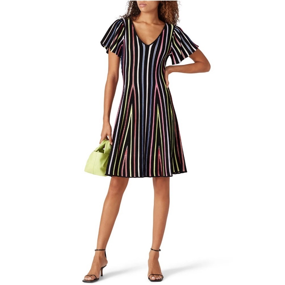 Milly Rainbow Striped Stretchy Ribbed Knit Fit & Flare Dress Black Small